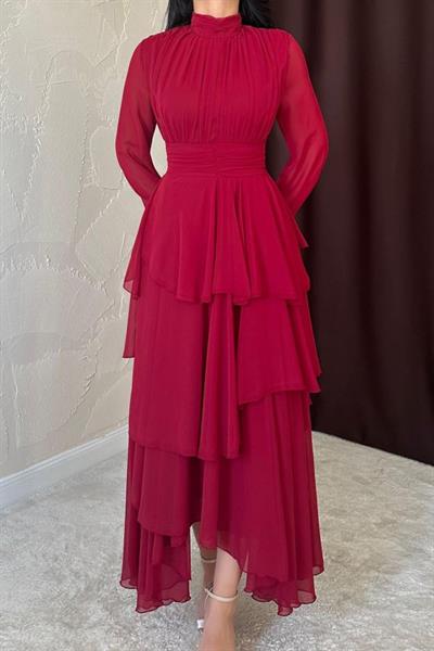 Bordo Bel Detaylı Elbise