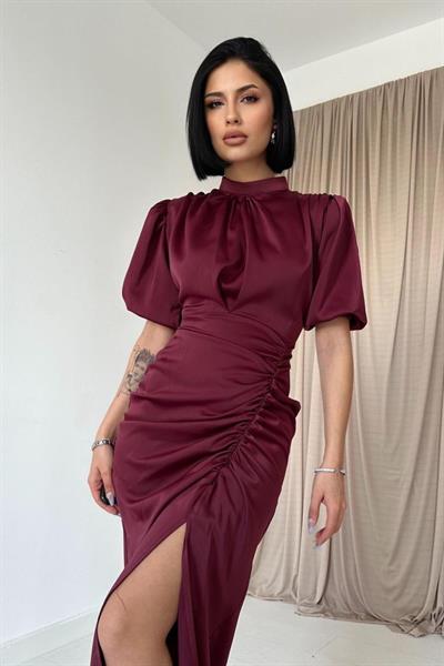 Bordo Büzgülü Saten Elbise