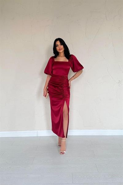 Bordo Büzgülü Saten Elbise