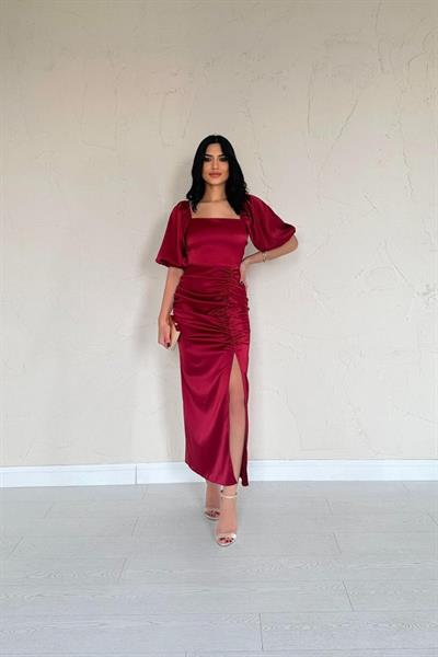 Bordo Büzgülü Saten Elbise