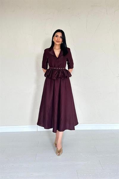 Bordo İnce Kemerli Fırfırlı Ceket Ve Büzgülü Etek Takım