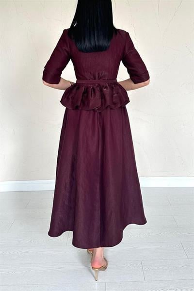 Bordo İnce Kemerli Fırfırlı Ceket Ve Büzgülü Etek Takım