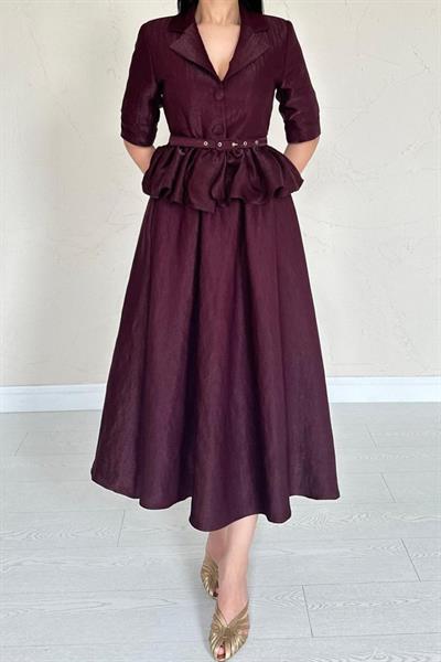 Bordo İnce Kemerli Fırfırlı Ceket Ve Büzgülü Etek Takım