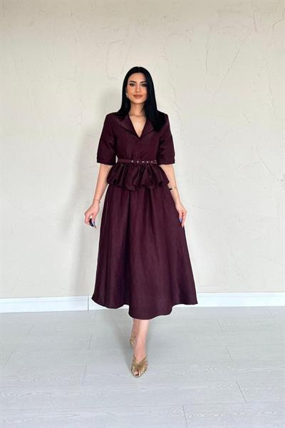 Bordo İnce Kemerli Fırfırlı Ceket Ve Büzgülü Etek Takım