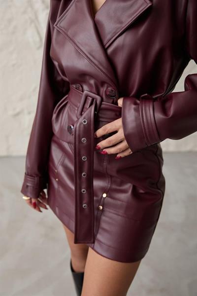 Bordo Kemerli Mini Deri Etek