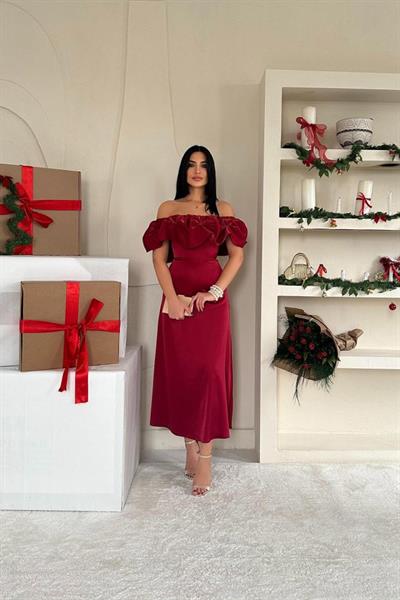 Bordo Omuz Büzgülü Saten Elbise