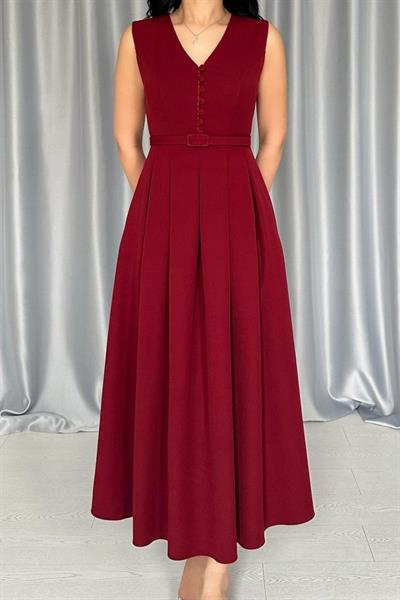 Bordo Önü Britli Pileli Elbise