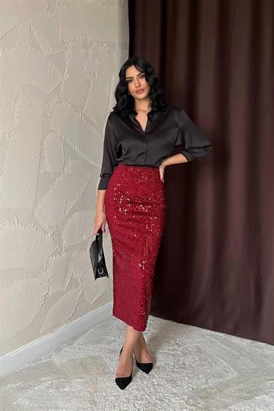 Bordo Pulpayetli Parlak Etek