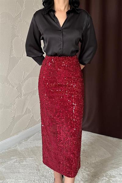 Bordo Pulpayetli Parlak Etek