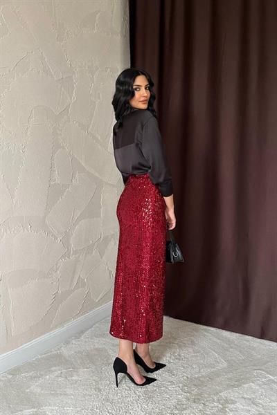 Bordo Pulpayetli Parlak Etek