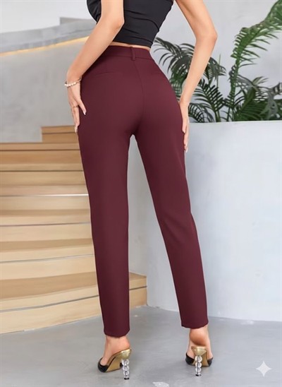 Bordo Renk Yüksek Bel Maskülen Kesim Kumaş Pantolon