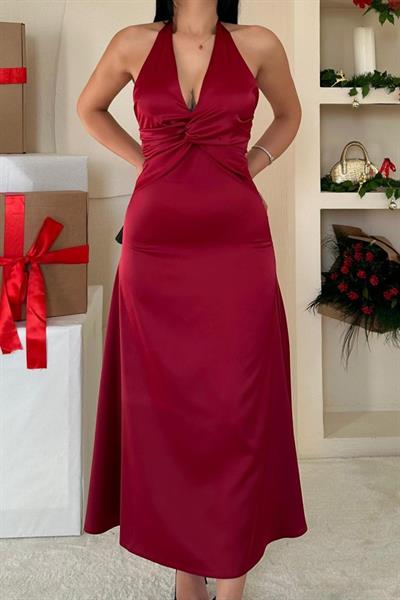 Bordo Uzun Saten Elbise