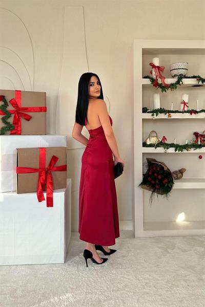 Bordo Uzun Saten Elbise