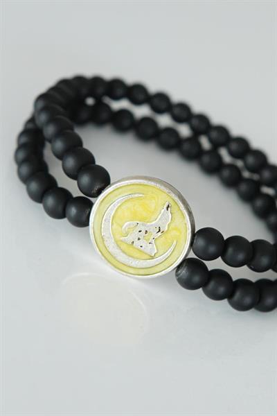 Bozkurt Figürlü Sarı Renk Silver Metal Aksesuarlı Çift Sıra Oniks Doğal Taş Erkek Bileklik