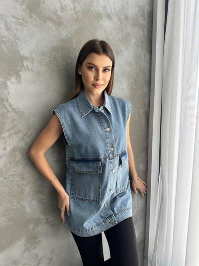 Büyük Cep Detaylı Kot Yelek