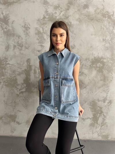 Büyük Cep Detaylı Kot Yelek