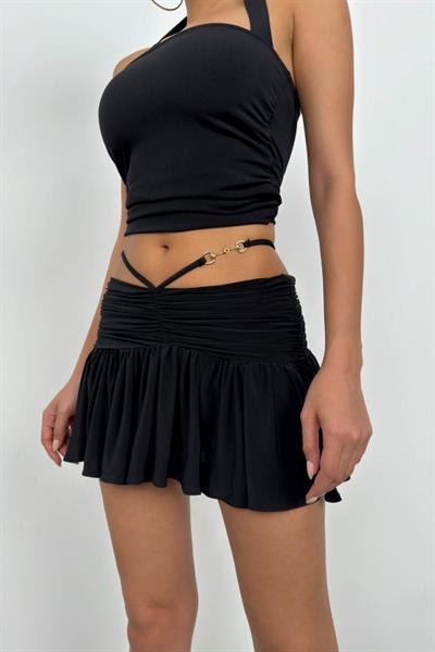 Büzgülü Bel Lastikli Mini Etek