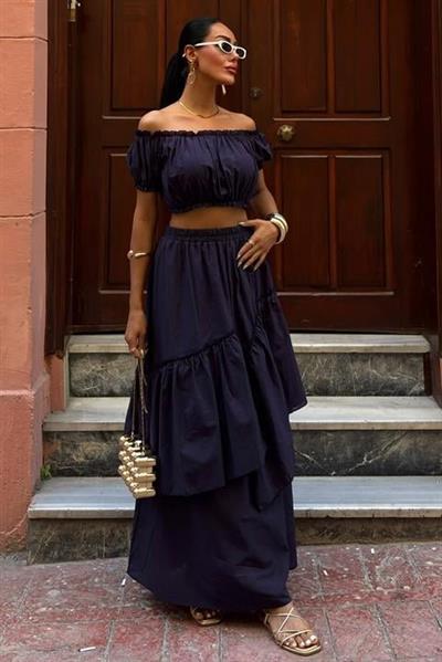 Büzgülü Crop Kat Detaylı Fırfır Etekli Takım 10196