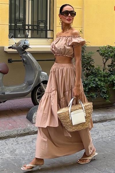 Büzgülü Crop Kat Detaylı Fırfır Etekli Takım 10196