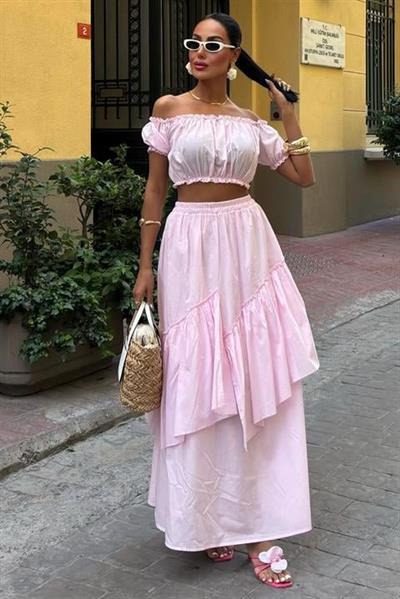 Büzgülü Crop Kat Detaylı Fırfır Etekli Takım 10196
