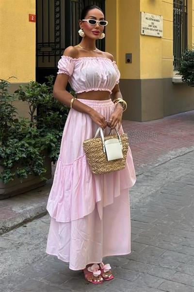 Büzgülü Crop Kat Detaylı Fırfır Etekli Takım 10196