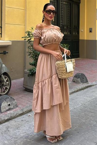 Büzgülü Crop Kat Detaylı Fırfır Etekli Takım 10196