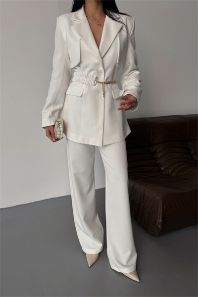 CEKET PANTOLON TAKIM TASARIM ZİNCİRKEMER DETAYLI - Beyaz