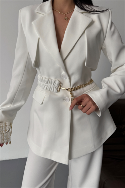 CEKET PANTOLON TAKIM TASARIM ZİNCİRKEMER DETAYLI - Beyaz