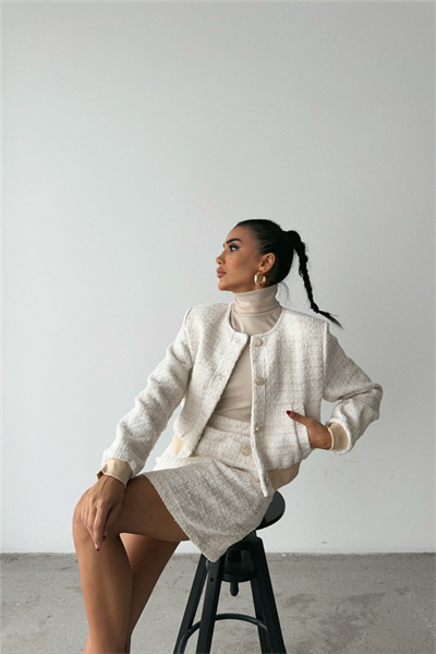 CHANEL CROP CEKET-KISA ETEK TAKIM - Beyaz