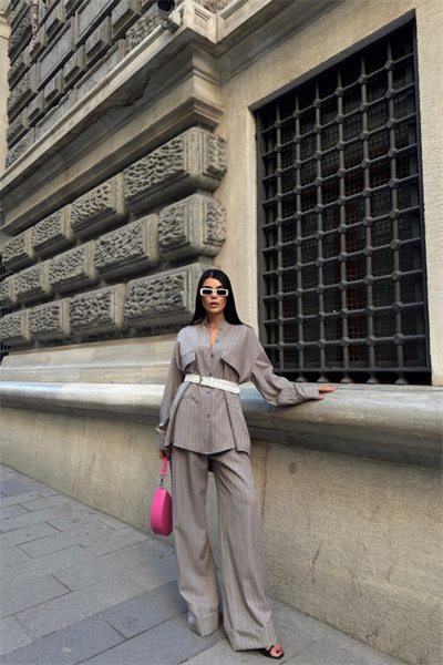 ÇİZGİLİ ARKA TASARIM  DETAYLI  GÖMLEK-PANTOLON TK - Gri