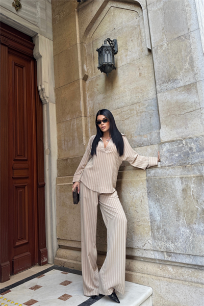 ÇİZGİLİ BLUZ  - PANTOLON TAKIM - Bej