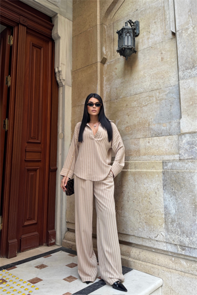 ÇİZGİLİ BLUZ  - PANTOLON TAKIM - Bej