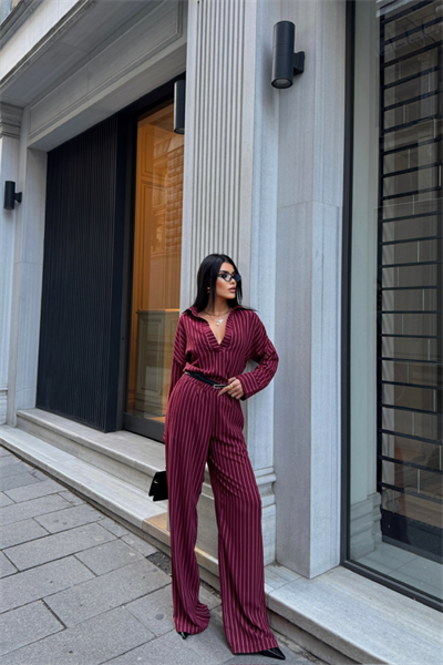 ÇİZGİLİ BLUZ  - PANTOLON TAKIM - Bordo