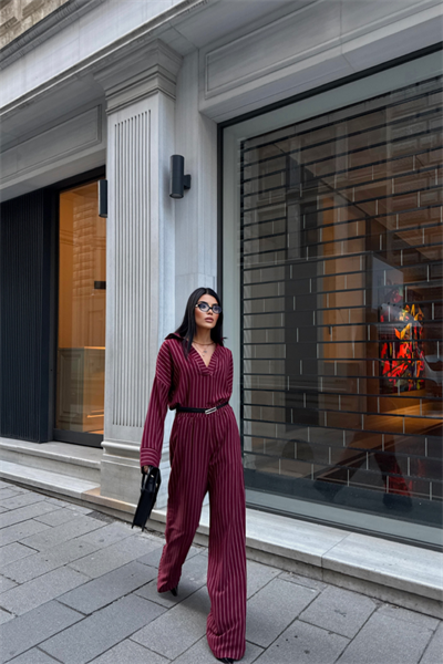 ÇİZGİLİ BLUZ  - PANTOLON TAKIM - Bordo