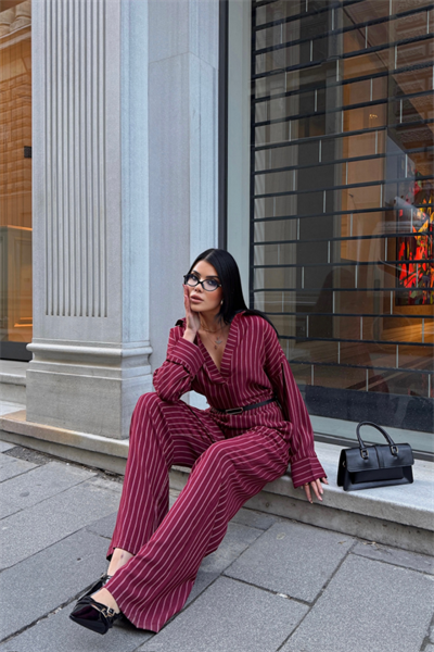 ÇİZGİLİ BLUZ  - PANTOLON TAKIM - Bordo