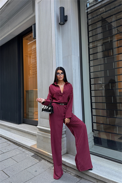 ÇİZGİLİ BLUZ  - PANTOLON TAKIM - Bordo