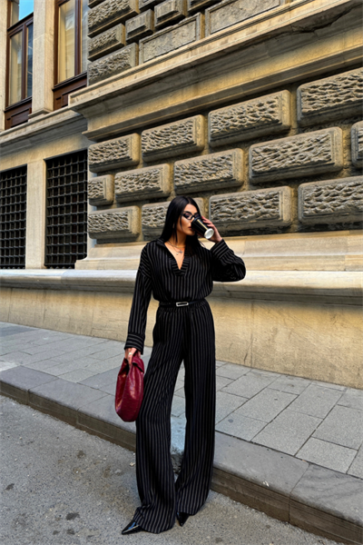 ÇİZGİLİ BLUZ  - PANTOLON TAKIM - Siyah