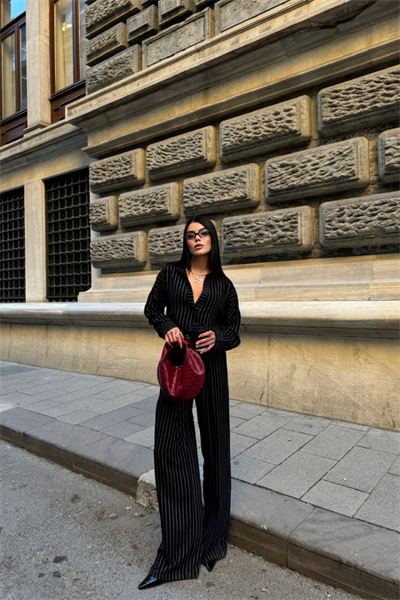 ÇİZGİLİ BLUZ  - PANTOLON TAKIM - Siyah