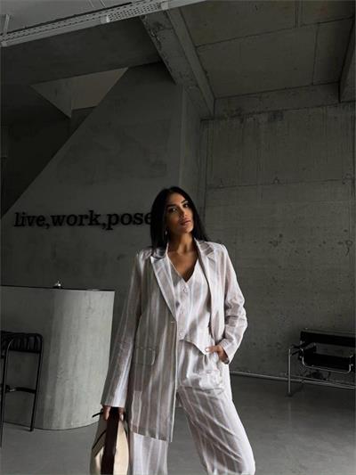 ÇİZGİLİ CEKET KETEN - Bej