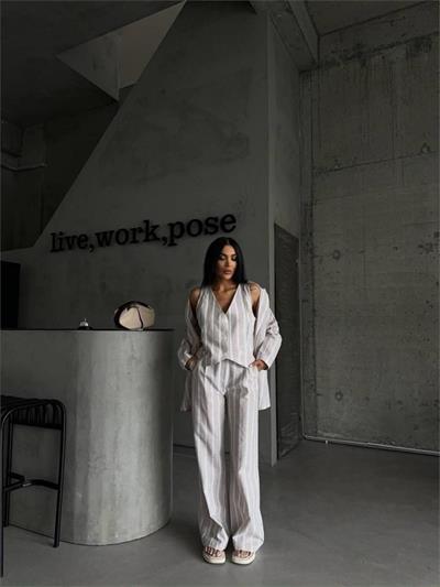 ÇİZGİLİ CEKET KETEN - Bej