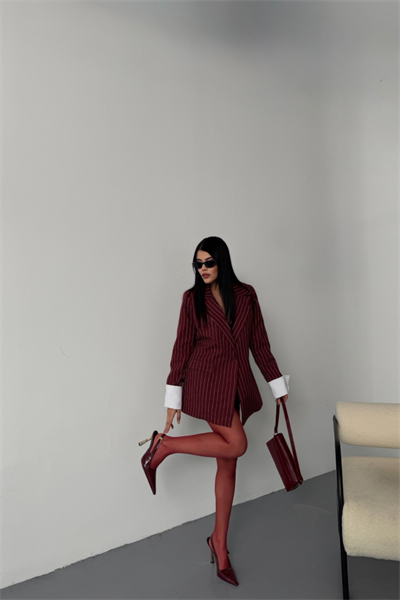 ÇİZGİLİ CEKET TEK DÜĞME EKRU MANŞET - Bordo