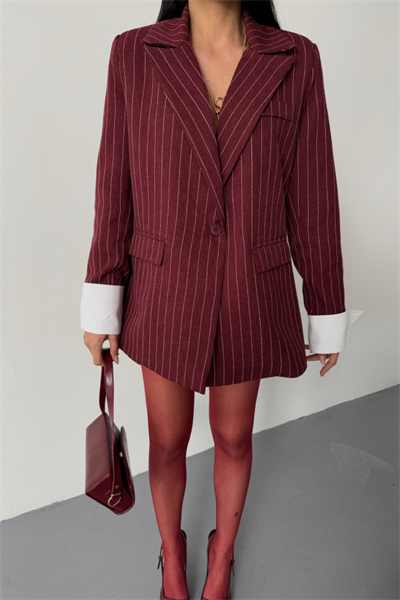 ÇİZGİLİ CEKET TEK DÜĞME EKRU MANŞET - Bordo