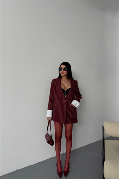 ÇİZGİLİ CEKET TEK DÜĞME EKRU MANŞET - Bordo