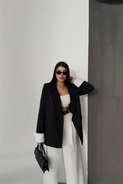 ÇİZGİLİ CEKET TEK DÜĞME EKRU MANŞET - Siyah