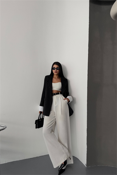 ÇİZGİLİ CEKET TEK DÜĞME EKRU MANŞET - Siyah