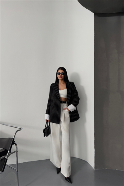 ÇİZGİLİ CEKET TEK DÜĞME EKRU MANŞET - Siyah