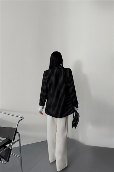 ÇİZGİLİ CEKET TEK DÜĞME EKRU MANŞET - Siyah