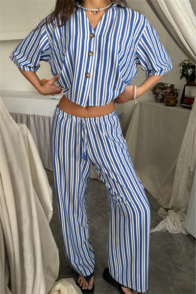 ÇİZGİLİ CROP GÖMLEK - SALAŞ PANTOLON TAKIM MODAL - Mavi