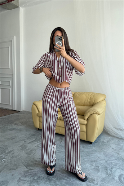 ÇİZGİLİ CROP GÖMLEK - SALAŞ PANTOLON TAKIM MODAL - Bordo