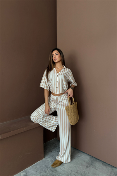 ÇİZGİLİ CROP GÖMLEK - SALAŞ PANTOLON TAKIM MODAL - Bej